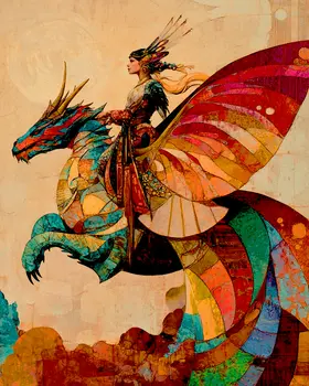Panasian Fairy on Her Dragon - Fairies Wall Art Prints – 8″x10″ Artwork for 11″x14″ Frame