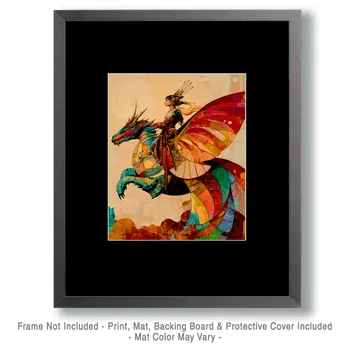 Panasian Fairy on Her Dragon - Fairies Wall Art Prints – 8″x10″ Artwork for 11″x14″ Frame