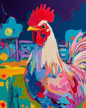Pop Art Rooster at Night - Chicken Art Prints - 8"x10" Artwork for 11"x14" Frame