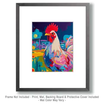 Pop Art Rooster at Night - Chicken Art Prints - 8"x10" Artwork for 11"x14" Frame