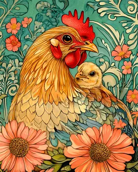 Nouveau Mother Hen and Chick - Chicken Art Prints - 8"x10" Artwork for 11"x14" Frame