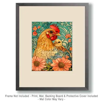 Nouveau Mother Hen and Chick - Chicken Art Prints - 8"x10" Artwork for 11"x14" Frame