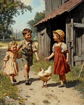 Children Walking with a Chicken - Chicken Art Prints - 8"x10" Artwork for 11"x14" Frame