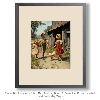 Children Walking with a Chicken - Chicken Art Prints - 8"x10" Artwork for 11"x14" Frame