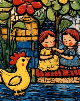 Two Friends Playing While Chicken Watches - Chicken Art Prints - 8"x10" Artwork for 11"x14" Frame