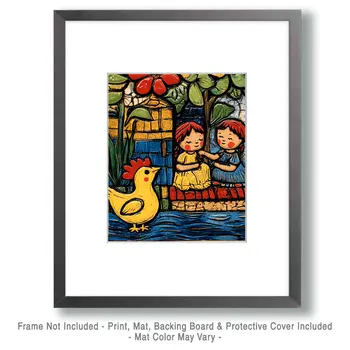 Two Friends Playing While Chicken Watches - Chicken Art Prints - 8"x10" Artwork for 11"x14" Frame