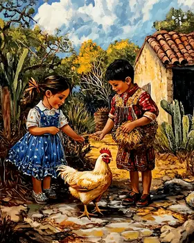 Pet Chicken Feeding Time - Chicken Art Prints - 8"x10" Artwork for 11"x14" Frame