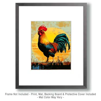 Retro Sunrise Rooster - Chicken Art Prints - 8"x10" Artwork for 11"x14" Frame