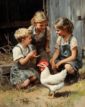 Children Playing by a Chicken - Chicken Art Prints - 8"x10" Artwork for 11"x14" Frame