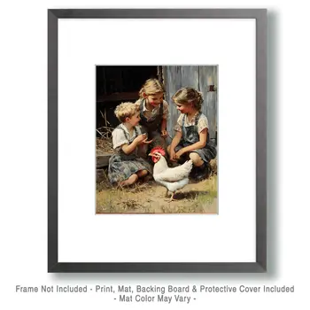 Children Playing by a Chicken - Chicken Art Prints - 8"x10" Artwork for 11"x14" Frame