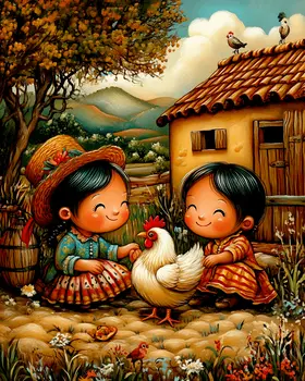 Cute Girls Playing with Chicken - Chicken Art Prints - 8"x10" Artwork for 11"x14" Frame