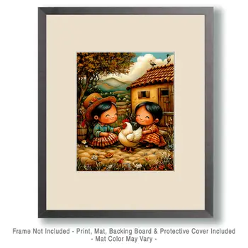 Cute Girls Playing with Chicken - Chicken Art Prints - 8"x10" Artwork for 11"x14" Frame