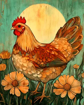 Vintage Hen with Flowers - Chicken Art Prints - 8"x10" Artwork for 11"x14" Frame