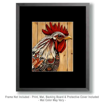 Stylized Rooster by Wood Wall - Chicken Art Prints - 8"x10" Artwork for 11"x14" Frame