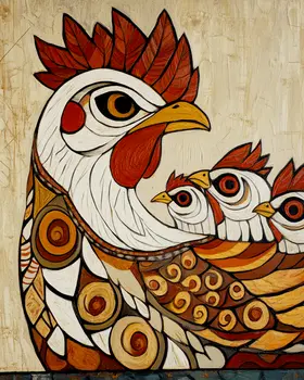 Stylized Hen with Chicks - Chicken Art Prints - 8"x10" Artwork for 11"x14" Frame
