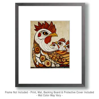 Stylized Hen with Chicks - Chicken Art Prints - 8"x10" Artwork for 11"x14" Frame