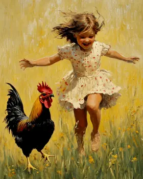 Young Girl Running with Rooster - Chicken Art Prints - 8"x10" Artwork for 11"x14" Frame