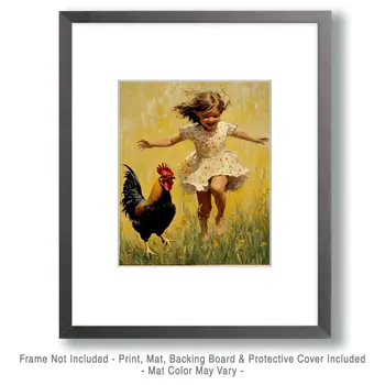 Young Girl Running with Rooster - Chicken Art Prints - 8"x10" Artwork for 11"x14" Frame