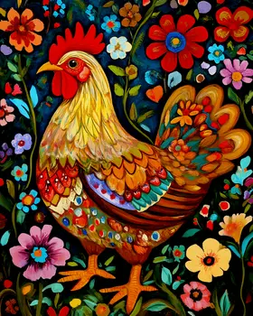Folk Art Style Chicken with Flowers - Chicken Art Prints - 8"x10" Artwork for 11"x14" Frame