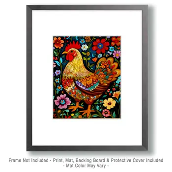 Folk Art Style Chicken with Flowers - Chicken Art Prints - 8"x10" Artwork for 11"x14" Frame
