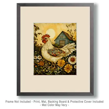 Antique Style Chicken Art - Chicken Art Prints - 8"x10" Artwork for 11"x14" Frame