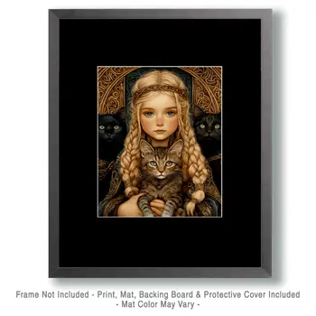 Portrait of a Young Freya and Her Cat - Freya the Norse Goddess Wall Art Prints – 8″x10″ Artwork for 11″x14″ Frame