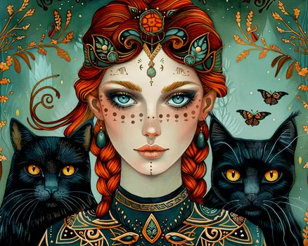 Folk Art Freya & Two Black Cats - Freya the Norse Goddess Wall Art Prints – 8″x10″ Artwork for 11″x14″ Frame