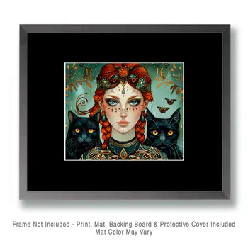 Folk Art Freya & Two Black Cats - Freya the Norse Goddess Wall Art Prints – 8″x10″ Artwork for 11″x14″ Frame