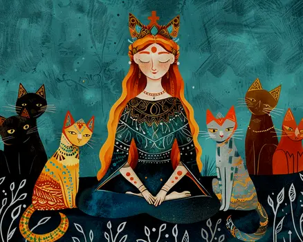 Folk Art Freya with Cats - Freya the Norse Goddess Wall Art Prints – 8″x10″ Artwork for 11″x14″ Frame