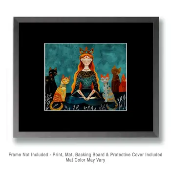 Folk Art Freya with Cats - Freya the Norse Goddess Wall Art Prints – 8″x10″ Artwork for 11″x14″ Frame