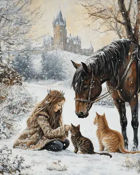 Freya, Cats and Horse, on a Winter's Day - Freya the Norse Goddess Wall Art Prints – 8″x10″ Artwork for 11″x14″ Frame