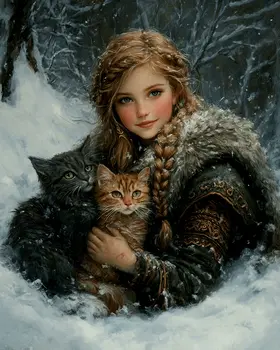 Freya Cuddling with Her Cats - Freya the Norse Goddess Wall Art Prints – 8″x10″ Artwork for 11″x14″ Frame