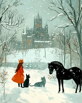 Folk Art Freya, Cats and Horse, on a Winter's Day - Freya the Norse Goddess Wall Art Prints – 8″x10″ Artwork for 11″x14″ Frame