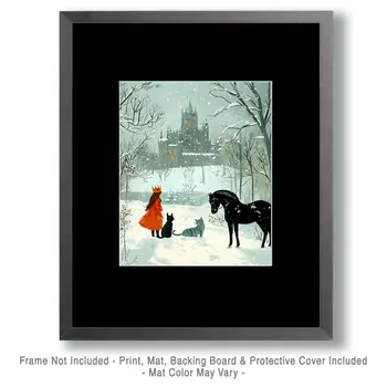 Folk Art Freya, Cats and Horse, on a Winter's Day - Freya the Norse Goddess Wall Art Prints – 8″x10″ Artwork for 11″x14″ Frame