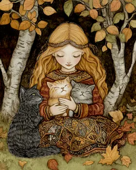 Folk Art Freya Cuddling Her Cats - Freya the Norse Goddess Wall Art Prints – 8″x10″ Artwork for 11″x14″ Frame