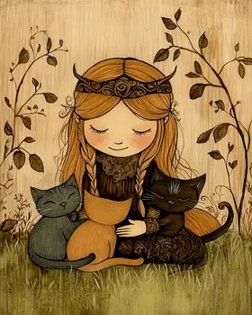 Folk Art Freya Loving Her Cats - Freya the Norse Goddess Wall Art Prints – 8″x10″ Artwork for 11″x14″ Frame