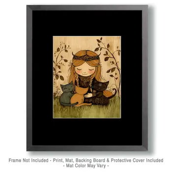 Folk Art Freya Loving Her Cats - Freya the Norse Goddess Wall Art Prints – 8″x10″ Artwork for 11″x14″ Frame