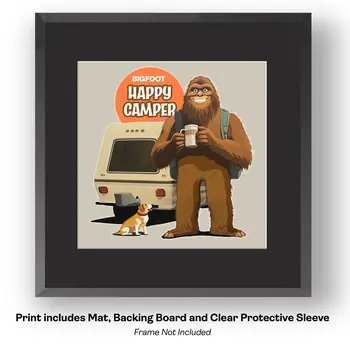 Bigfoot Happy Camper - Sasquatch Cryptid Art Prints - 8"x8" Art Print for 12"x12" Frame
