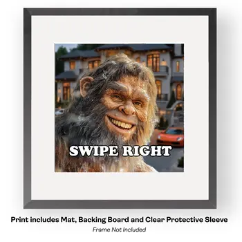 Bigfoot Swipe Right Dating App - Sasquatch Cryptid Art Prints - 8"x8" Art Print for 12"x12" Frame
