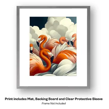 Morning Flamingo Gathering - Wall Art Print - Souvenir Seaside Beachcore - 8"x10" Artwork - 11"x14" Mat