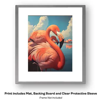 Morning Flamingo Gathering - Wall Art Print - Souvenir Seaside Beachcore - 8"x10" Artwork - 11"x14" Mat