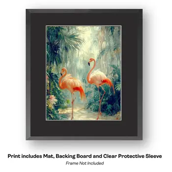 Morning Flamingo Gathering - Wall Art Print - Souvenir Seaside Beachcore - 8"x10" Artwork - 11"x14" Mat