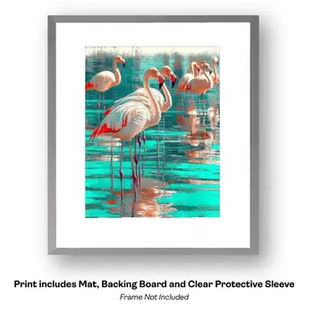 Morning Flamingo Gathering - Wall Art Print - Souvenir Seaside Beachcore - 8"x10" Artwork - 11"x14" Mat