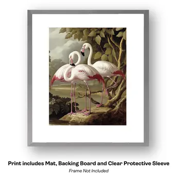 Morning Flamingo Gathering - Wall Art Print - Souvenir Seaside Beachcore - 8"x10" Artwork - 11"x14" Mat