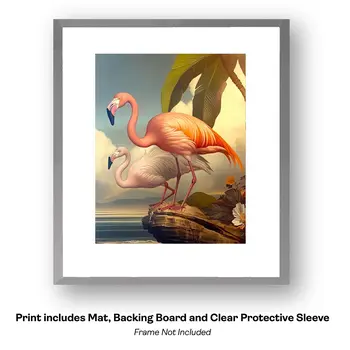 Morning Flamingo Gathering - Wall Art Print - Souvenir Seaside Beachcore - 8"x10" Artwork - 11"x14" Mat