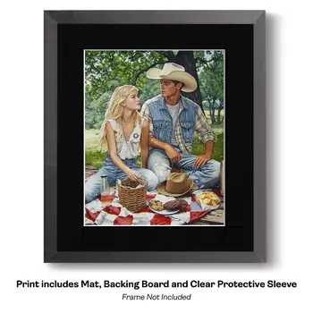 Feeding Chickens Together – Western Romance 8″x10″ Artwork in 11″x14″ Cowboy and Cowgirl Country Love