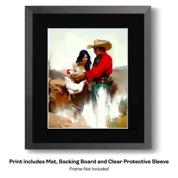 Feeding Chickens Together – Western Romance 8″x10″ Artwork in 11″x14″ Cowboy and Cowgirl Country Love