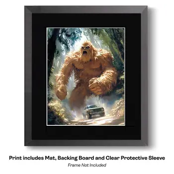 Bigfoot Angry with Tourists  - Bigfoot Art Prints – 8″x10″ Artwork in 11″x14″ Mat