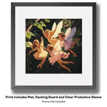 Giggling Fairies  in Flight - Fairytale Prints – 8″x8″ Artwork in 12″x12″ Mat