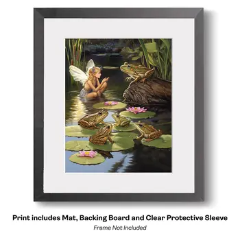 Fairy Chatting With Frogs in Lily Pad Pond - Fairytale Prints – 8″x10″ Artwork in 10″x12″ Mat